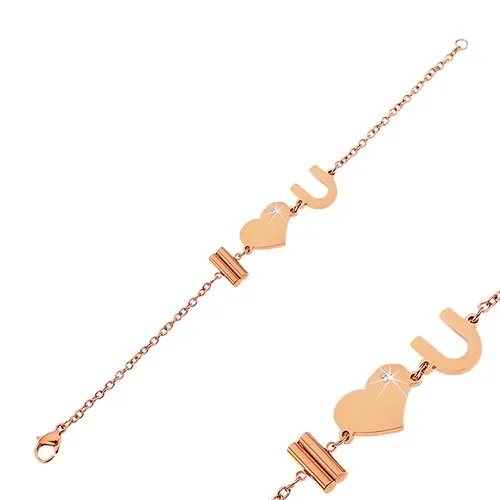 Náramek z oceli 316L měděné barvy s nápisem I Love You a zirkonem