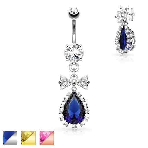 Ocelový piercing do pupíku, čirá mašlička a barevná zirkonová kapka - Barva piercing: Měděná