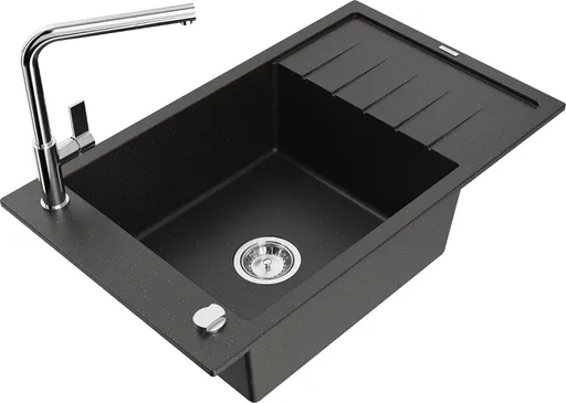 MEXEN/S Elias granitový dřez 1 s odkapávačem včetně baterie Flora, černá/zlatá metalik 6511-75-670401-00