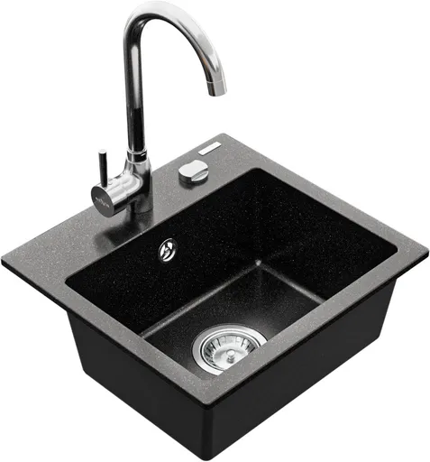 MEXEN/S Milo granitový dřez 1-miska včetně baterie Telma, černá/stříbrný 6505-73-670200-00