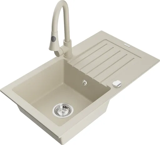 MEXEN/S Pablo granitový dřez 1 s odkapávačem včetně baterie Elia, béžová 6510-69-670101-69