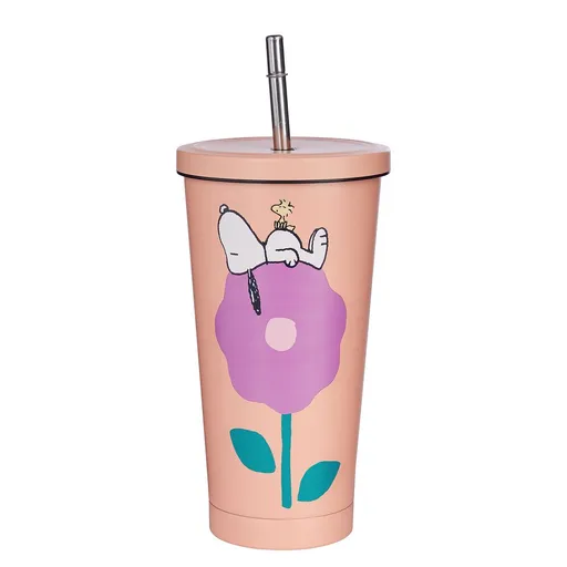 PEANUTS Kelímek nerezový s brčkem 500 ml - oranžová