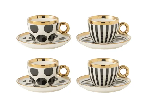 Set 4ks bílo-černý šálek s podšálkem se zlatými detaily Hollywood - Ø 13*8 cm 49201