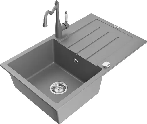 MEXEN/S Bruno granitový dřez 1-miska s odkapávačem včetně baterie Carla, šedá 6513-71-670700-71