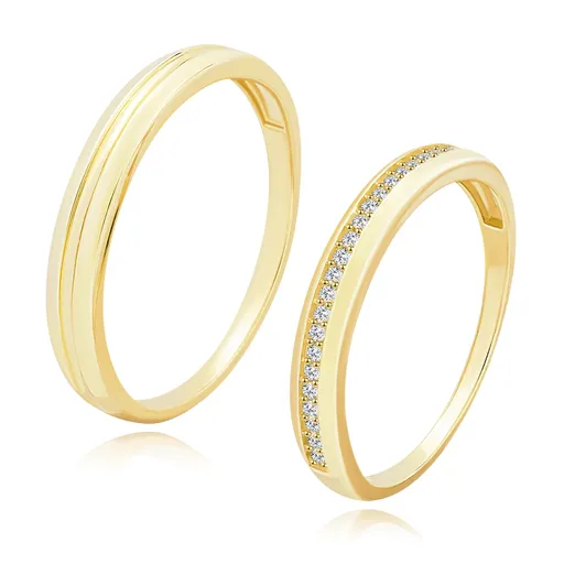Zlaté snubní prsteny ze 14K žlutého zlata - středový výřez, dámské náušnice s čirými zirkony - Velikost: 49