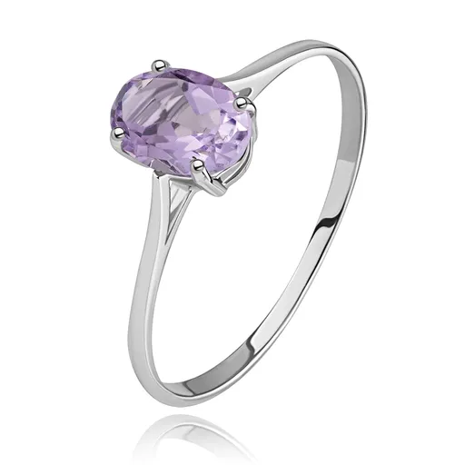 Prsten z bílého 14K zlata s třpytivým fialovým ametystem, úzká ramena - Velikost: 51
