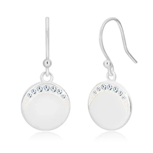 Visací náušnice, stříbro 925 - zrcadlově lesklý kruh se zirkonovým půlměsícem