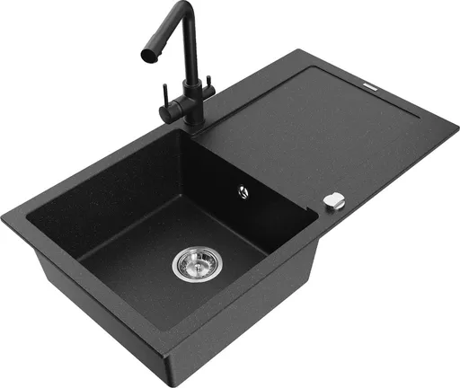 MEXEN/S Leo granitový dřez s odkapávačem včetně baterie Duero, černá/stříbrná metalik 6501-73-671600-70