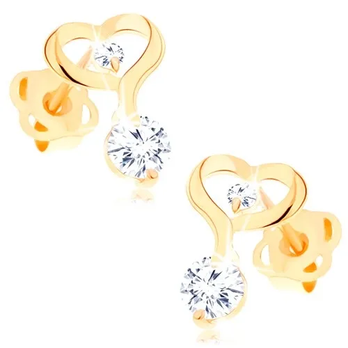 Náušnice ze žlutého 14K zlata - kontura srdce s prodlouženou linií, čiré zirkony