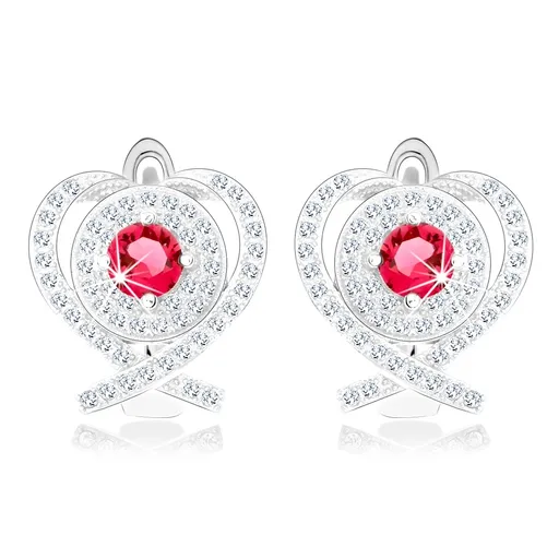 Stříbrné 925 rhodiované náušnice, kontura srdce, překřížené linie, kulatý červený zirkon