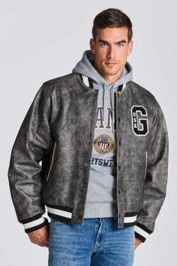 BUNDA GANT D1. LEATHER GANT VARSITY JACKET GRAPHITE