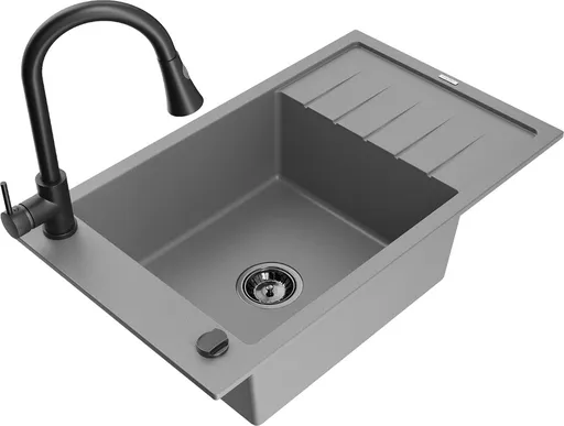 MEXEN/S Elias granitový dřez 1 s odkapávačem včetně baterie Elia, šedá 6511-71-670101-70-B