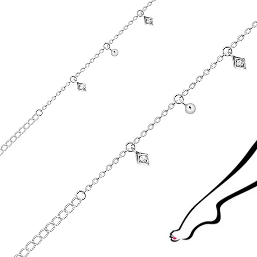 Stříbrný 925 náramek na nohu - kulatá očka, kosočtverec, kulatý zirkon, hladká kulička