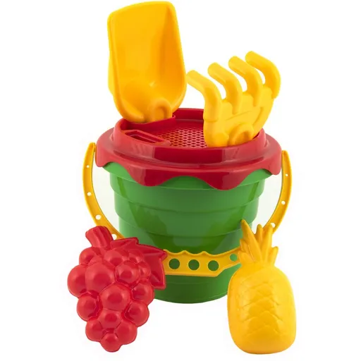 Sada na písek plast kbelík se sítkem 15 x 13cm, lopatka, hrabičky, 2 bábovky 4 barvy v síťce