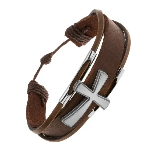 Kožený náramek hnědé barvy, velký matný kříž s patinou, ocelové ovály