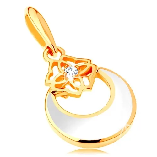 Zlatý přívěsek 585 - kruh s výřezem a bílou glazurou, ornament, zirkon