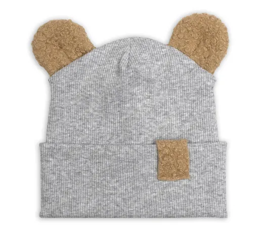 Baby Nellys Dvouvrstvá žebrovaná čepička s oušky boucle medvídek - šedý melír, 80/86