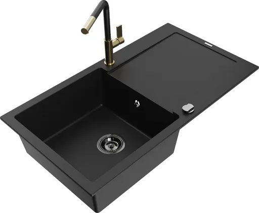 MEXEN/S Leo granitový dřez 1 s odkapávačem včetně baterie Flora, černá 6501-77-670401-57-B