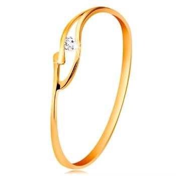 Prsteň zo žltého zlata 585 s trblietavým zirkónikom, rozdelené zvlnené ramená - Veľkosť: 56 mm