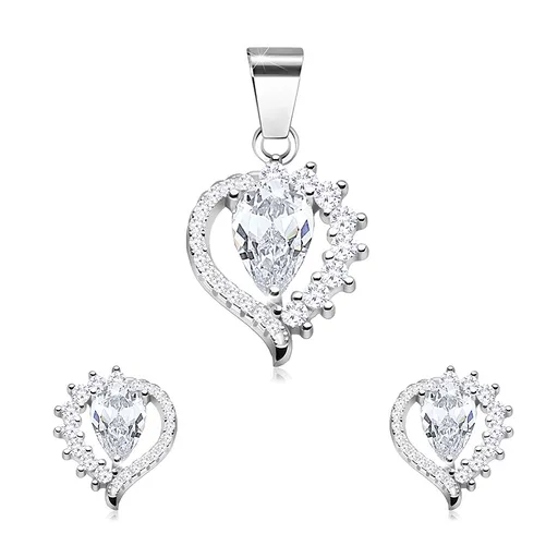 Stříbrný set 925, náušnice a přívěsek, kontura kapky, čiré zirkony
