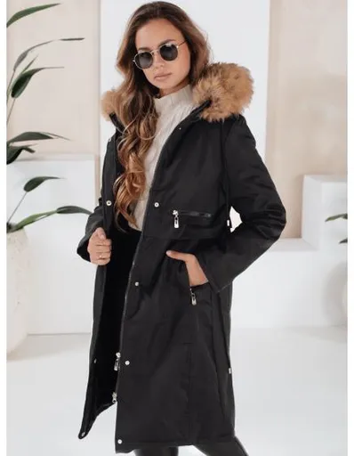 Dámská zimní bunda parka s kožešinou, černá