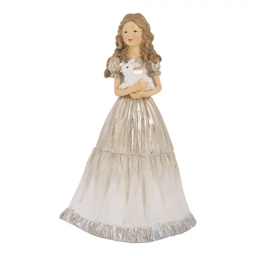 Béžová dekorace dívka v šatech držící králíčka - 14*11*22 cm 6PR5642