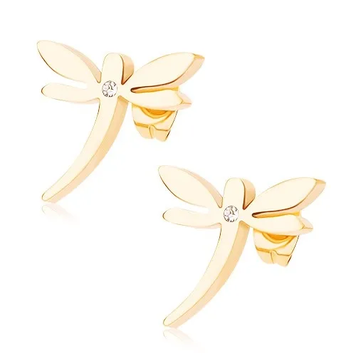 Puzetové náušnice z chirurgické oceli, zlatý odstín, vážka, čirý zirkonek