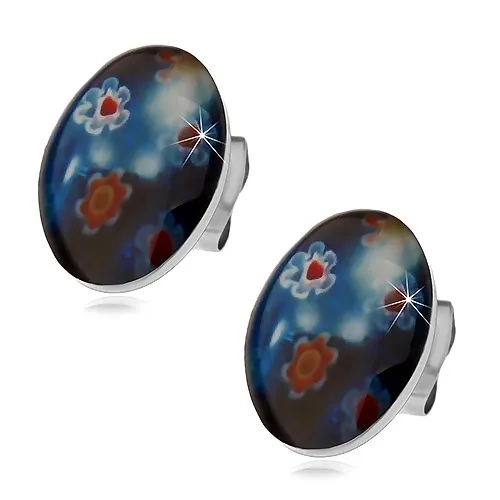 Puzetové ocelové náušnice, modrý ovál s barevnými květy