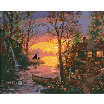 Zuty - Malování podle čísel - ZÁPAD SLUNCE U ŘEKY, MEDVĚĎI, KACHNY A CHATA (ABRAHAM HUNTER), 80x100  (HRAmmb08023nad)