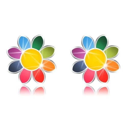 Stříbrné náušnice 925 - různobarevný květ s osmi okvětními lístky, puzetky