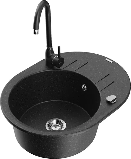 MEXEN/S Kevin granitový dřez s odkapávačem včetně baterie Telma, černá/stříbrná metalik 6517-73-670200-70