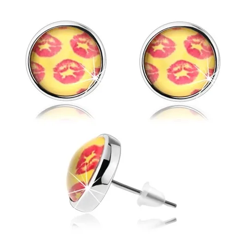 Cabochon náušnice, vypouklá glazura, žluté pozadí, červené otisky rtů
