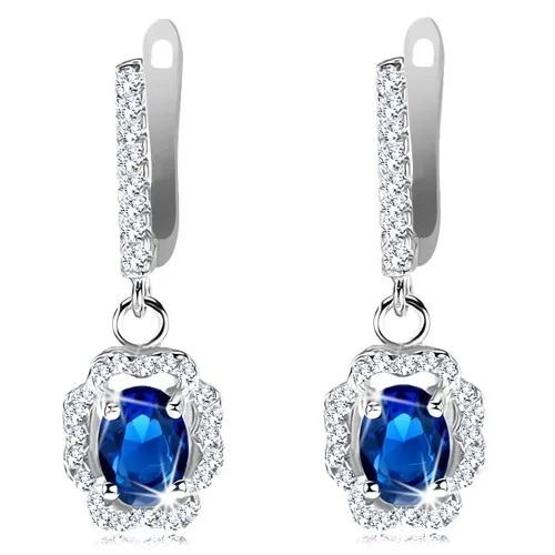 Náušnice ze stříbra 925, oválný tmavomodrý zirkon, zvlněná čirá obruba