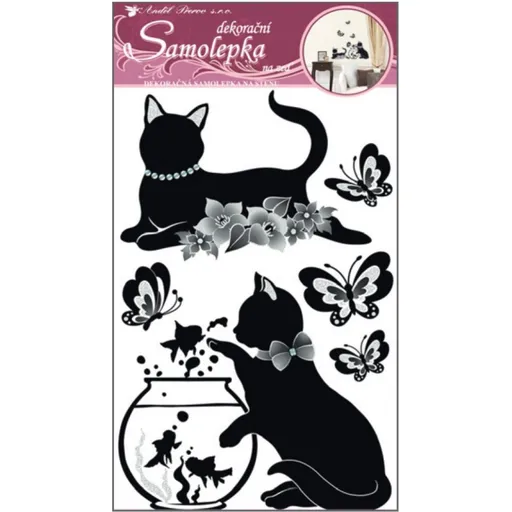 Samolepka na zeď kočky s akváriem s glitry a kamínky 50x32cm