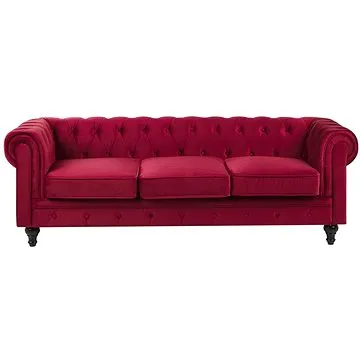 BELIANI, Sametová 3 místná pohovka červená CHESTERFIELD, 224046 (beliani_224046)