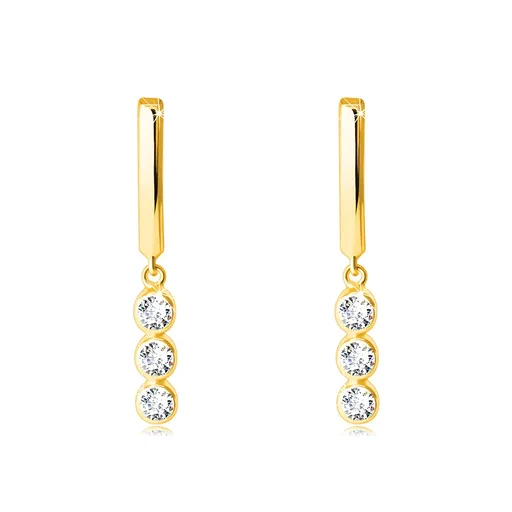 Náušnice ze 14K zlata - hladký úzký obdélník, tři objímky s kulatými zirkony, puzetky