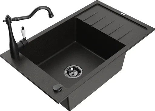 MEXEN/S Elias granitový dřez 1-miska včetně baterie Carla, černá/zlatá metalik 6511-75-670700-70-B