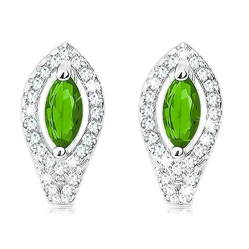 Náušnice ze stříbra 925, smaragdově zelené zrnko, obrys z čirých zirkonů