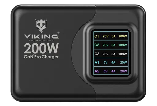 Viking USB GaN charger 200W PD PRO/síťový adaptér/Output:3xUSB-C,2xUSB-A/Rychlo nabíjení/