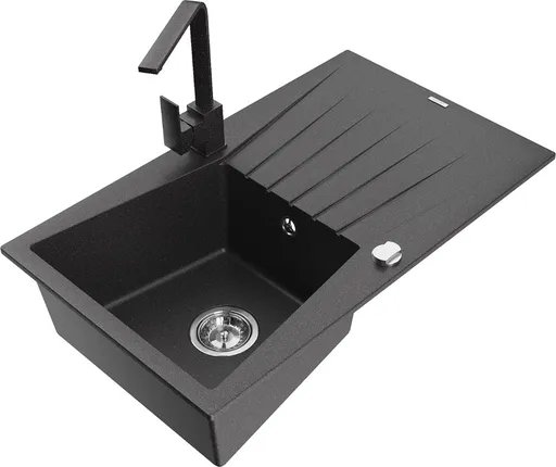MEXEN/S Cesar granitový dřez 1-miska s odkapávačem včetně baterie Rita, černý kropenatý 6514-76-670300-76