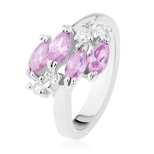 Prsten ve stříbrném odstínu, světle fialová zrnka, blýskavé čiré zirkony - Velikost: 49