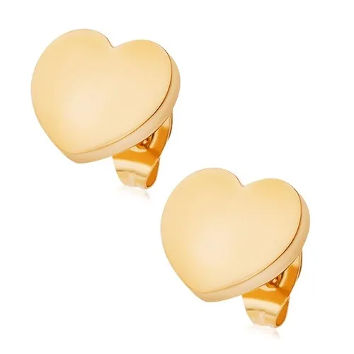 Ocelové náušnice zlaté barvy, zrcadlově lesklá srdíčka, puzetky
