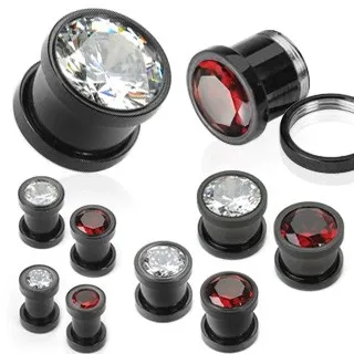 Tunnel z oceli potažený titanem černý s velikým zirkonem - Tloušťka : 4 mm, Barva zirkonu: Červená - R