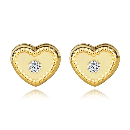 Náušnice ze žlutého zlata 585 - srdce s čirými zirkony a vroubkovaným okrajem