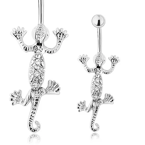 Ocelový piercing do pupíku, pohyblivá ještěrka stříbrné barvy, čiré zirkonky