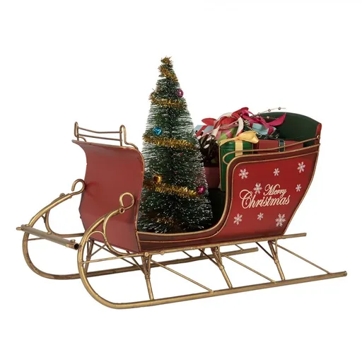 Červená dekorace sáně s dárky a stromkem Merry Christmas - 30*15*22 cm 6Y5870