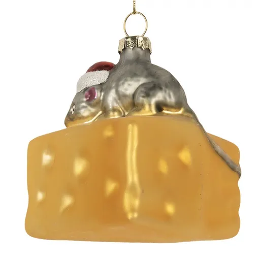 Vánoční skleněná závěsná ozdoba myška na sýru - 8*8*8 cm Clayre & Eef