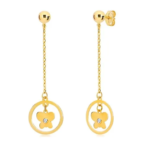 Náušnice ve žlutém 14K zlatě - kroužek s motýlem visící na řetízku