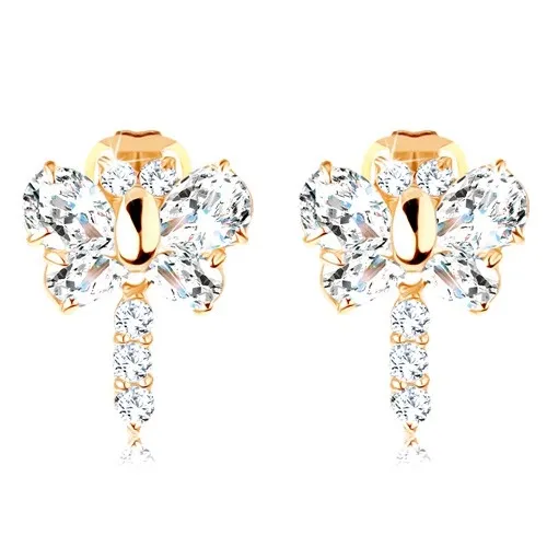 Náušnice ze žlutého 14K zlata ve tvaru vážky se zirkony