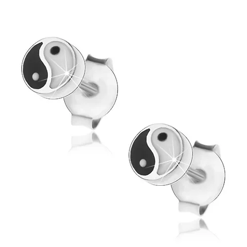 Stříbrné náušnice 925, lesklý kroužek s motivem Jin a Jang, puzetky